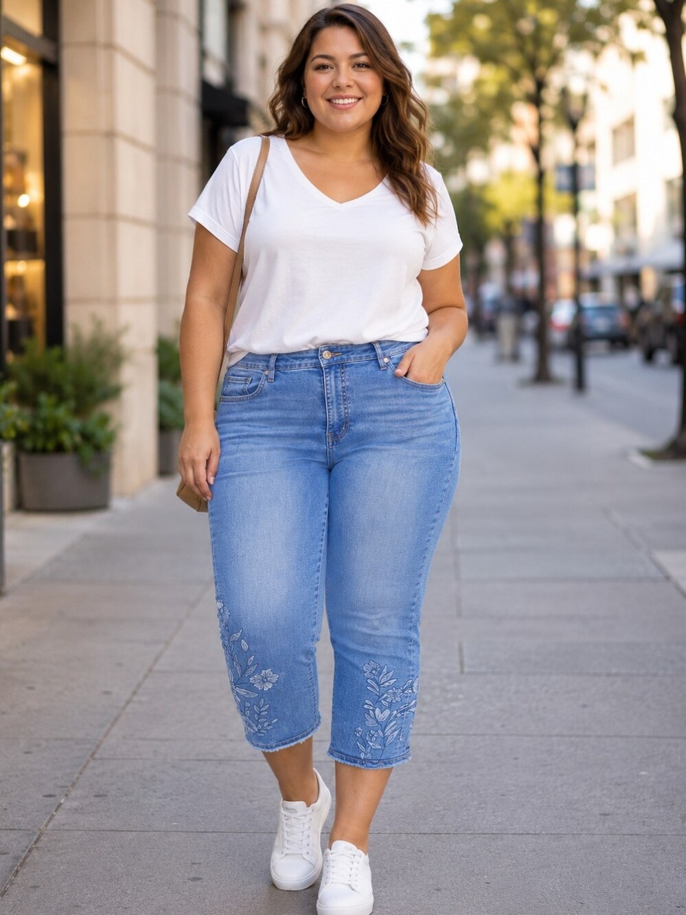 Code Bleu Light Blue Cropped Jeans with Embroidered Hem